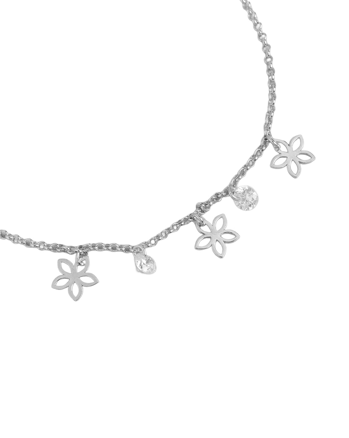 925 Sterling Silver Rhodium-Plated CZ Studded Floral Charm Bracelet