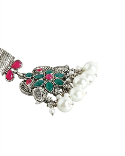 Silver Plated Oxidised Pearl &amp; Red Green Stone Studded Jewellery Set