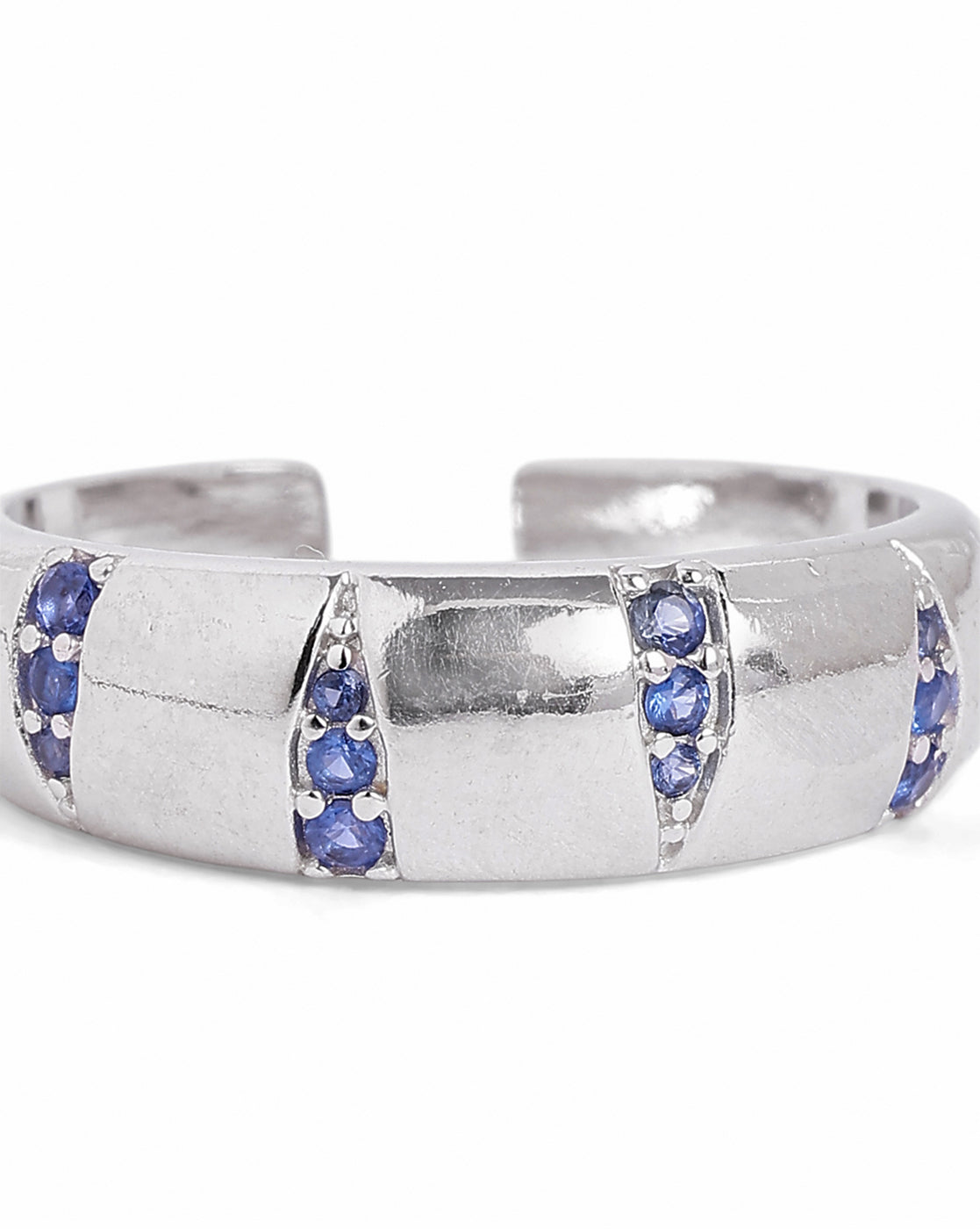 Rhodium Plated Contemporary Sapphire Studded Adjustable Ring