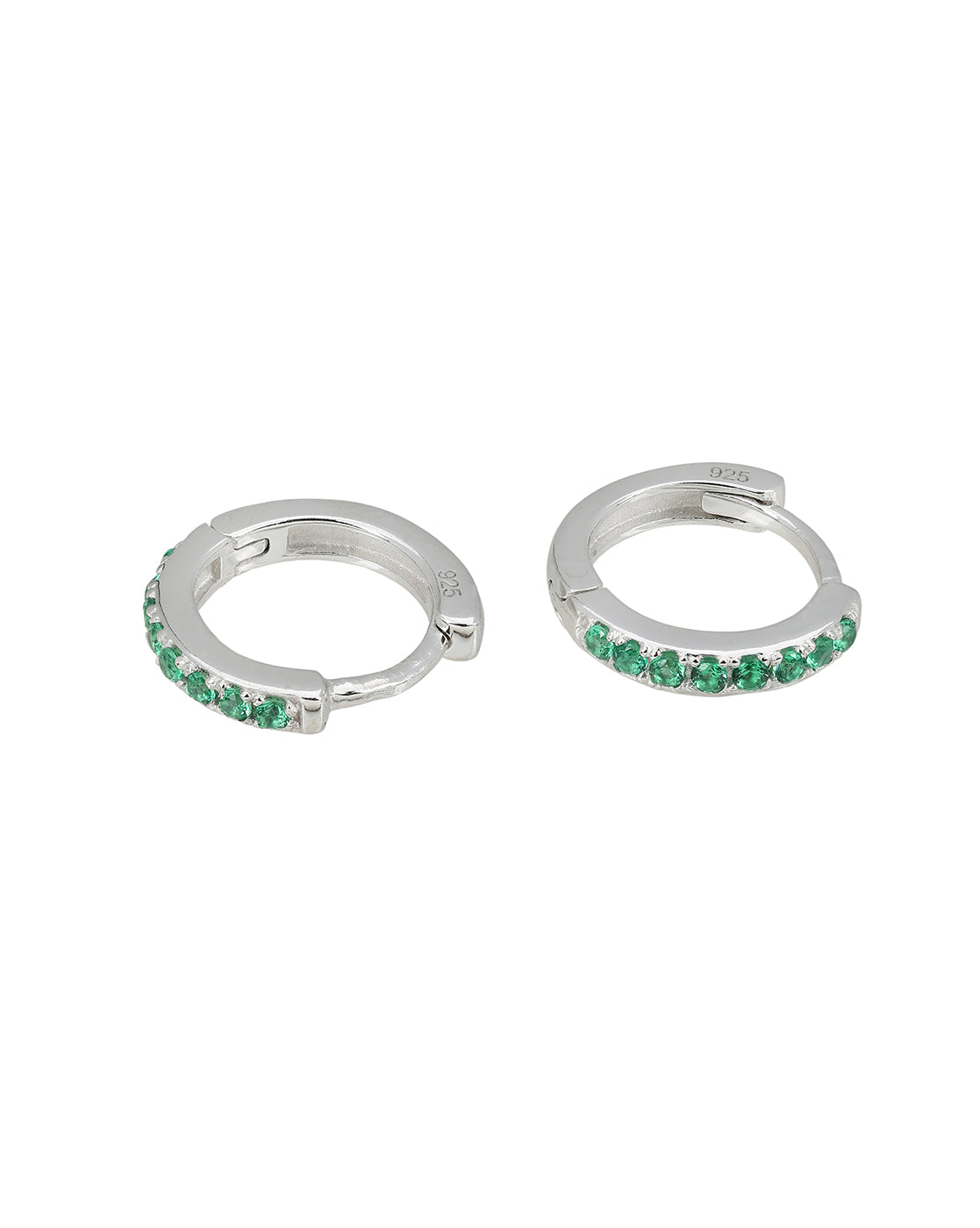 925 Sterling Silver Rhodium Plated Emerald Green CZ Studded Mini Hoop Earring
