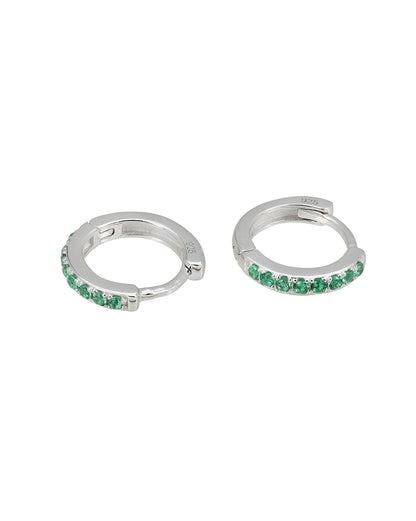 925 Sterling Silver Rhodium Plated Emerald Green CZ Studded Mini Hoop Earring
