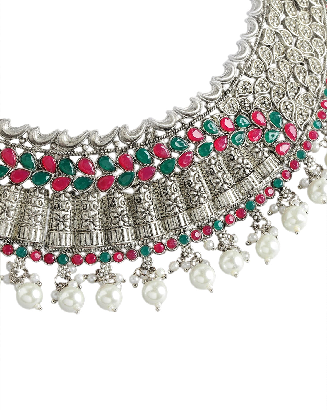 Silver Plated Oxidised Traditional Red Green Stone Jewellery Set with Maang Tika