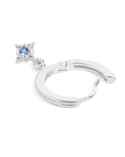 Rhodium Plated Dangling Blue Topaz Mini Hoop Earring