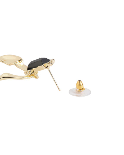 Gold Plated Statement Black Solitaire Stone Hammered Textured Drop Earrings