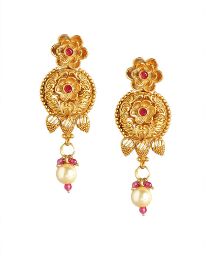 Gold Plated Traditional Ruby Red Floral Necklace and Earring with Maang Tika Set