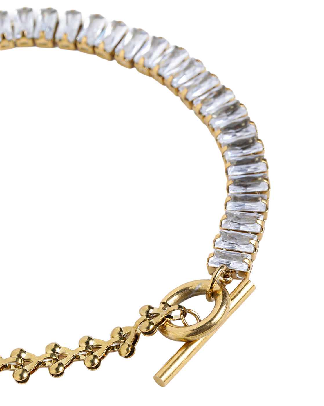 Gold Plated Fancy Half-n-Half Baguette CZ &amp; Fancy Link Chain Toggle Designer Bracelet