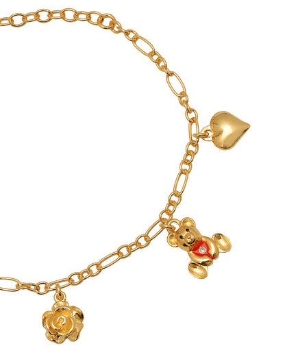 18kt Gold Plated Dangling Floral Teddy Heart Charm Enamel Bracelet