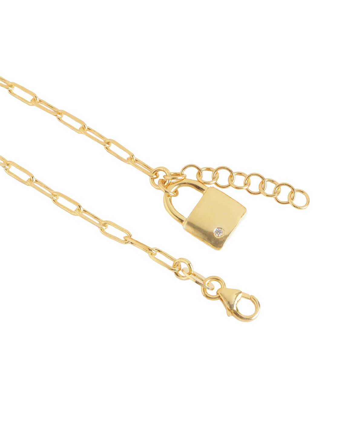 18kt Gold Plated CZ Studded Dangling Lock Charm Adjustable Bracelet with Paperclip Chain