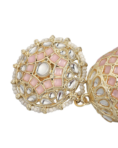 Gold Plated Kundan Studded Dome Jhumka Earring with Pink Bead Drops