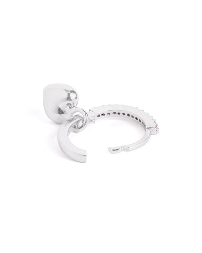 Rhodium Plated Ruby Red Studded Dangling Puffed Heart Mini Hoop Earring
