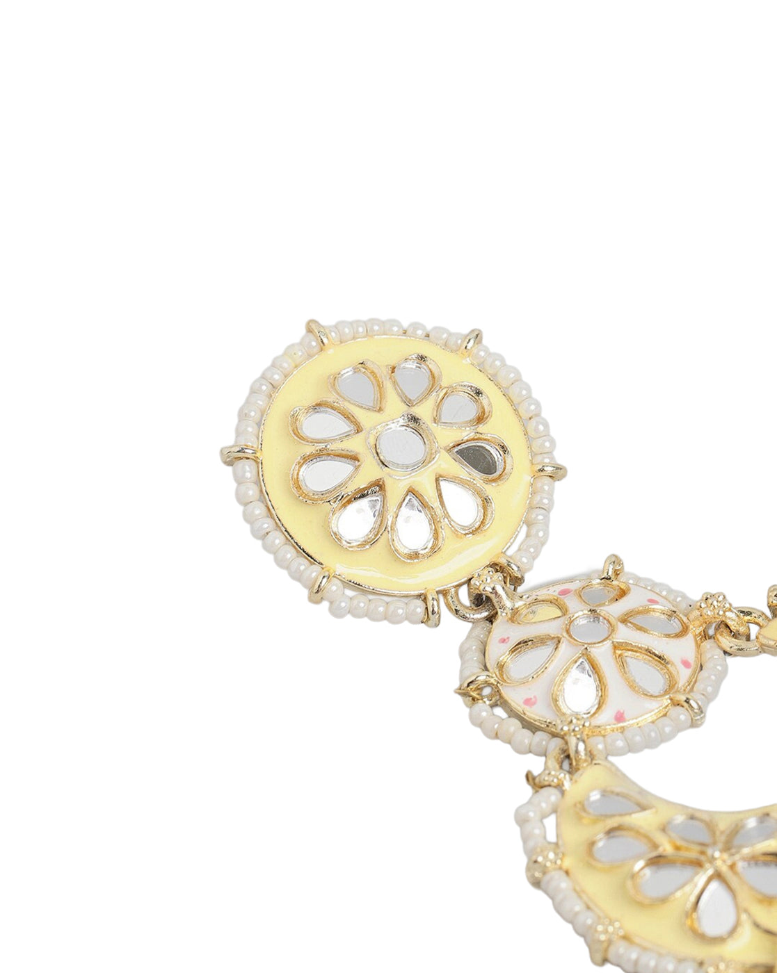 Gold Plated Mirror Studded Enamel &amp; Pearl Chandbali Earrings