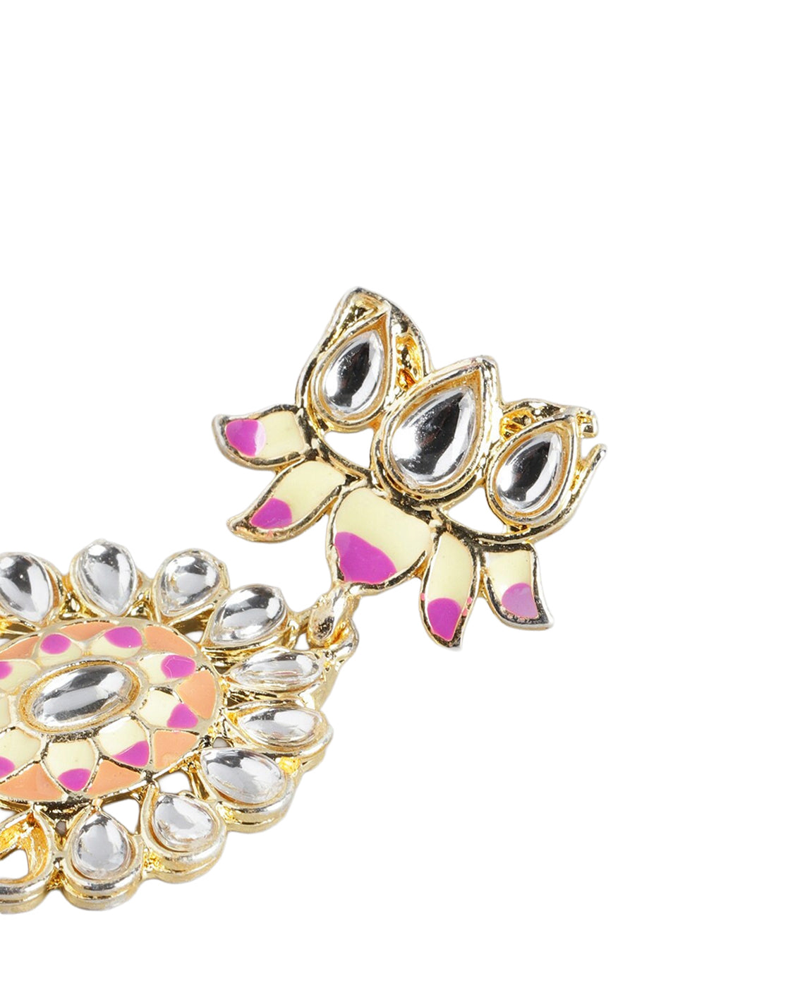 Gold Plated Kundan Medallion Jhumka Earrings with Peach Meenakari Dome &amp; Pearl Drops