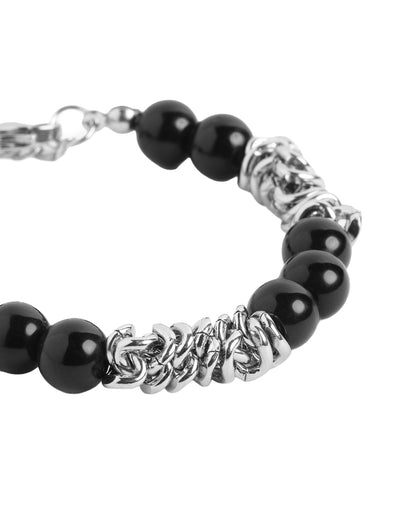Men Silver Plate  Black Onyx  Bead  Adjustable Bracelet