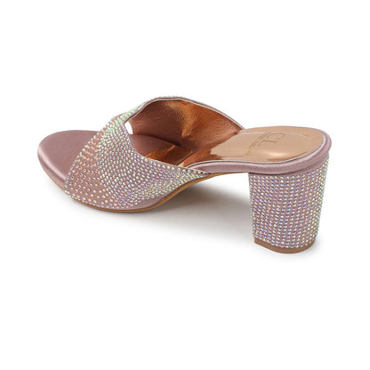 Women Lridescent Gem Embellished Block Heel Sandals