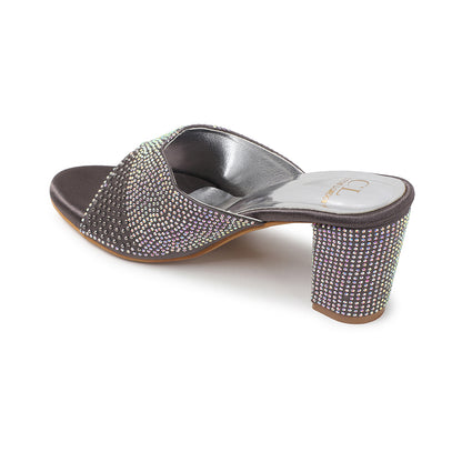 Women Lridescent Gem Embellished Block Heel Sandals