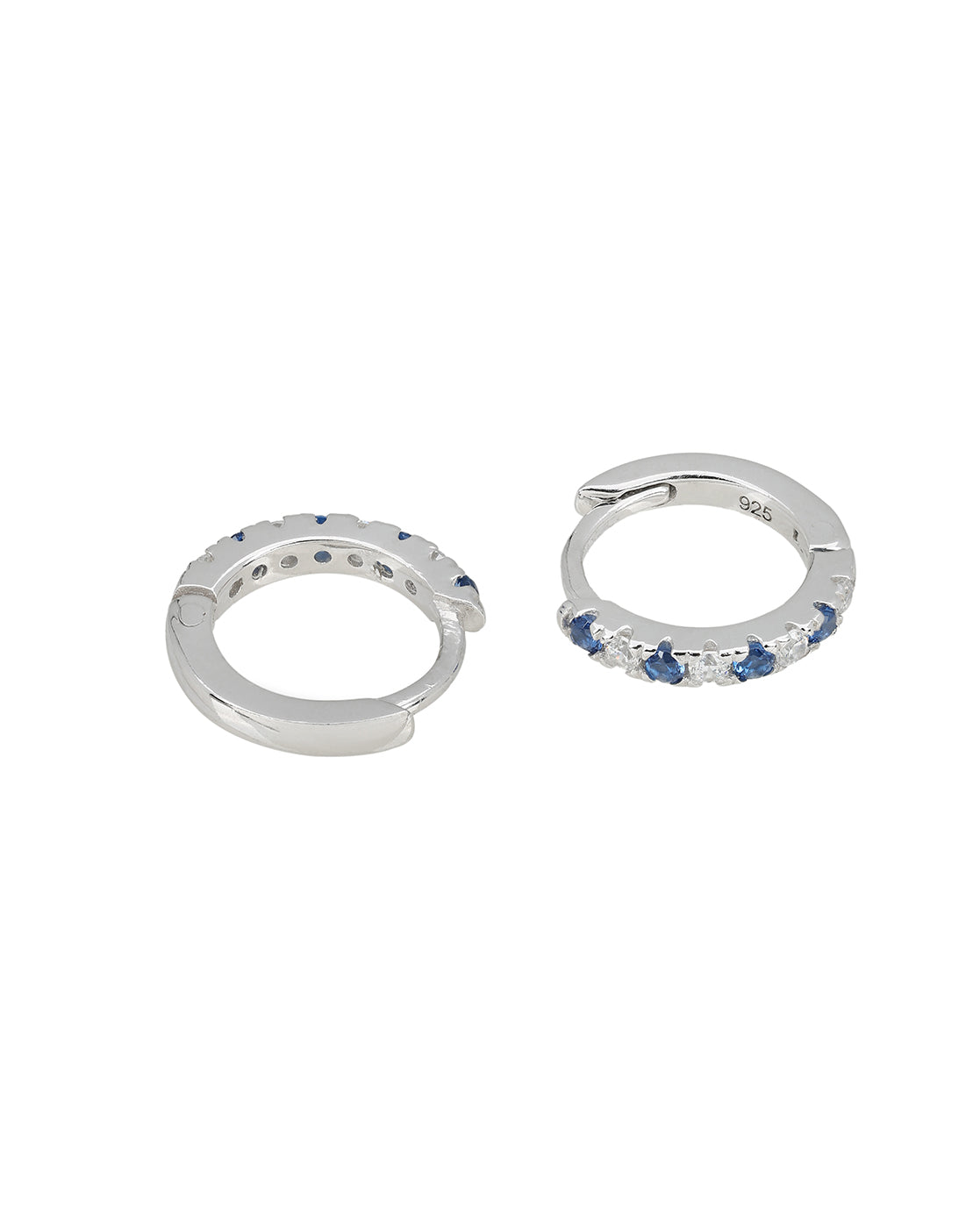 925 Sterling Silver Rhodium Plated Blue Saphire CZ Studded Mini Hoop Earring