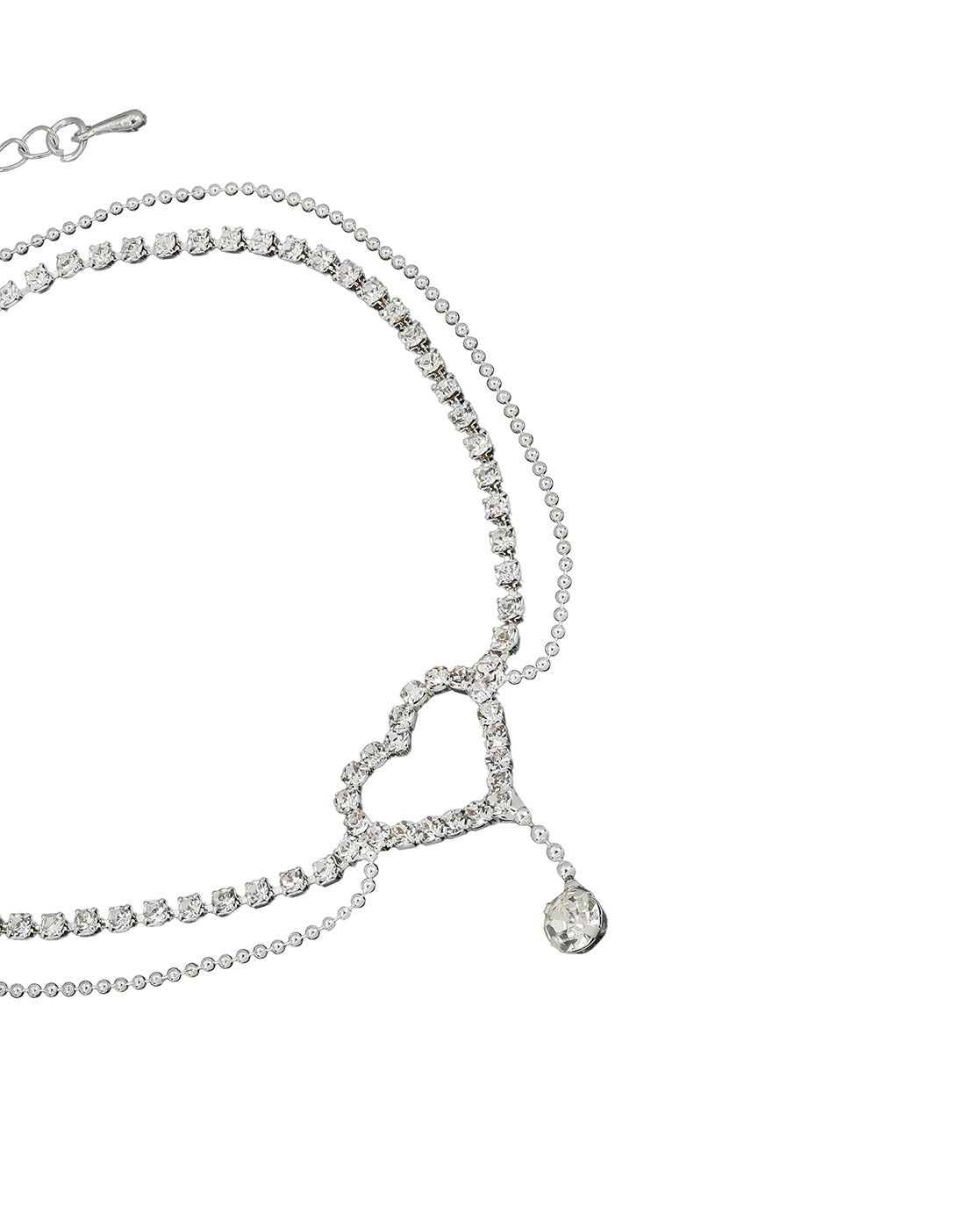 Silver Plated CZ Studded Heart and Dangling Solitaire Layered Anklet