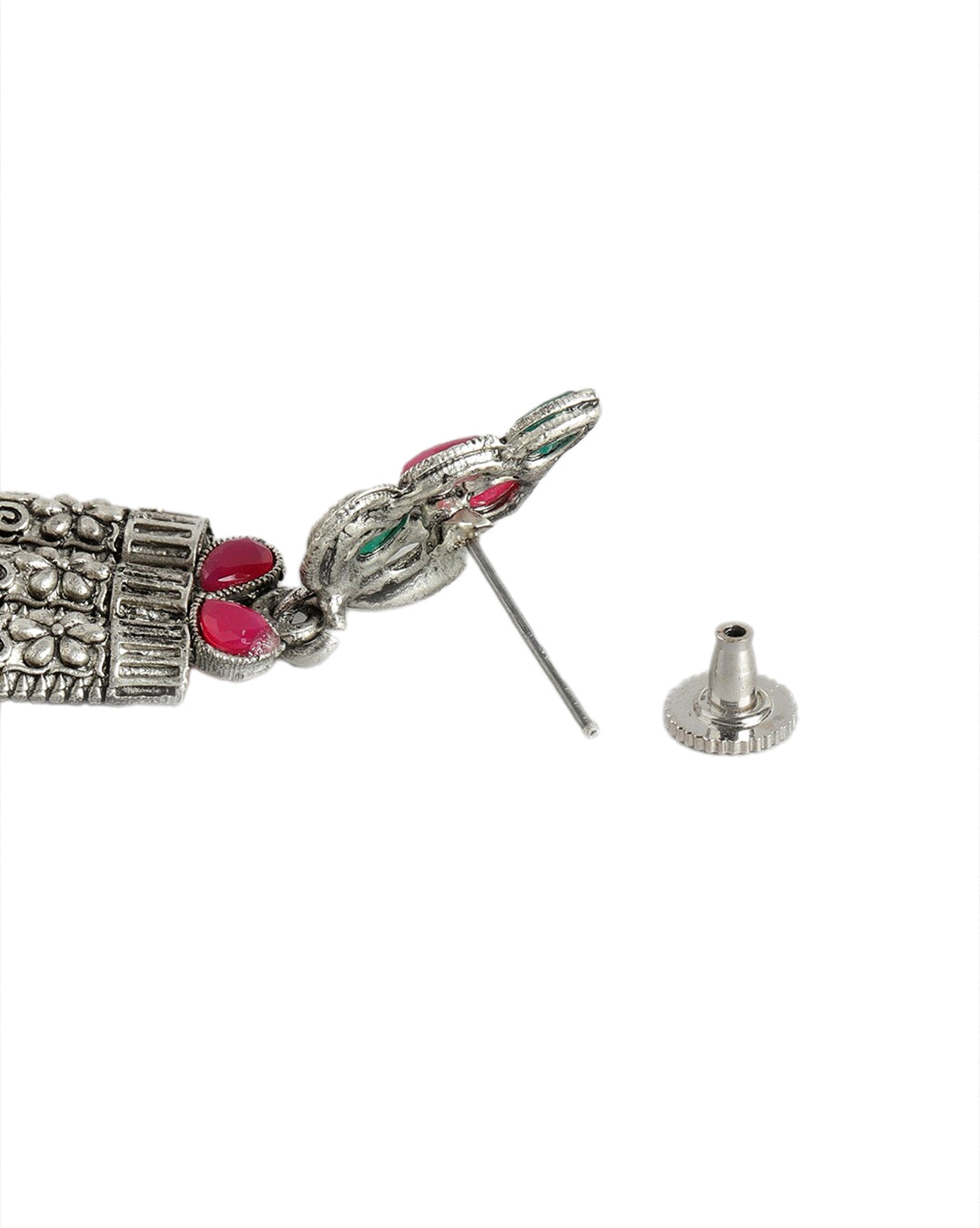 Silver Plated Oxidised Traditional Red Green Stone Jewellery Set with Maang Tika