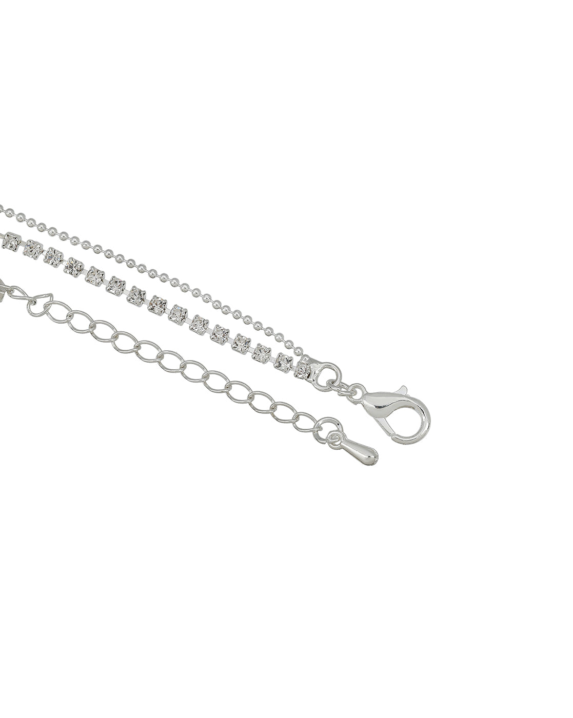 Silver Plated CZ Studded Heart and Dangling Solitaire Layered Anklet