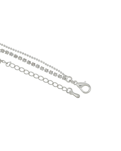 Silver Plated CZ Studded Heart and Dangling Solitaire Layered Anklet