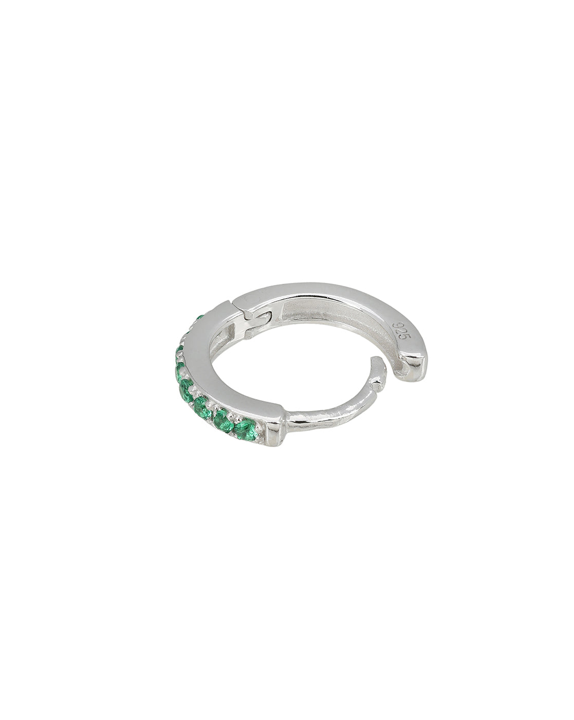 925 Sterling Silver Rhodium Plated Emerald Green CZ Studded Mini Hoop Earring