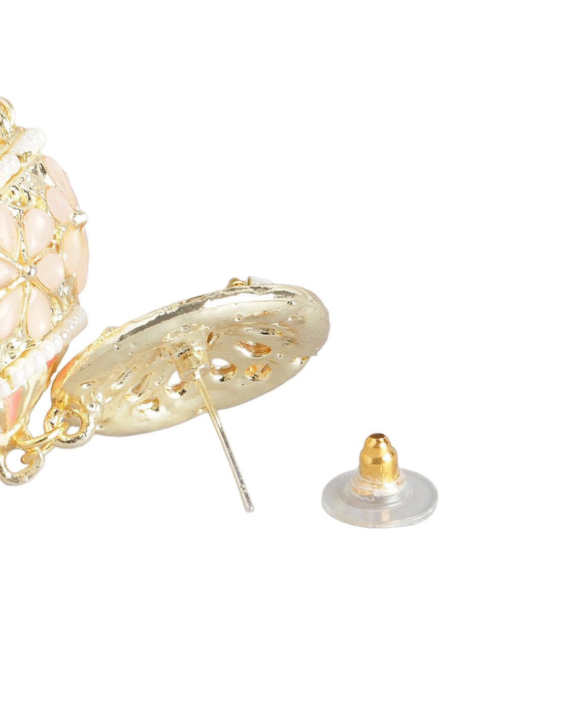Gold Plated Kundan Lattice Jhumka Earrings with Peach Teardrop Bead Drops