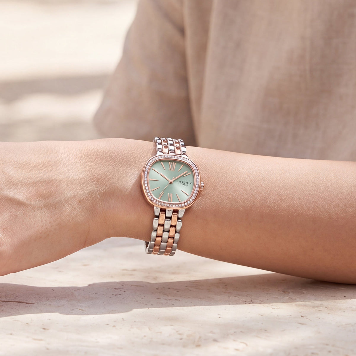 Carlton London Maisie Women’s Watch - Mint Green Rectangle Dial, Dual Tone Stainless Steel Strap - MSDTMNT