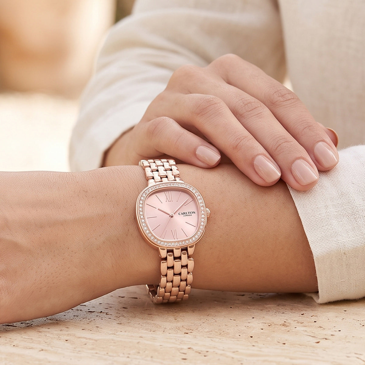 Carlton London Maisie Women’s Watch - Pink Rectangle Dial, Rose Gold Stainless Steel Strap - MSRGPNK