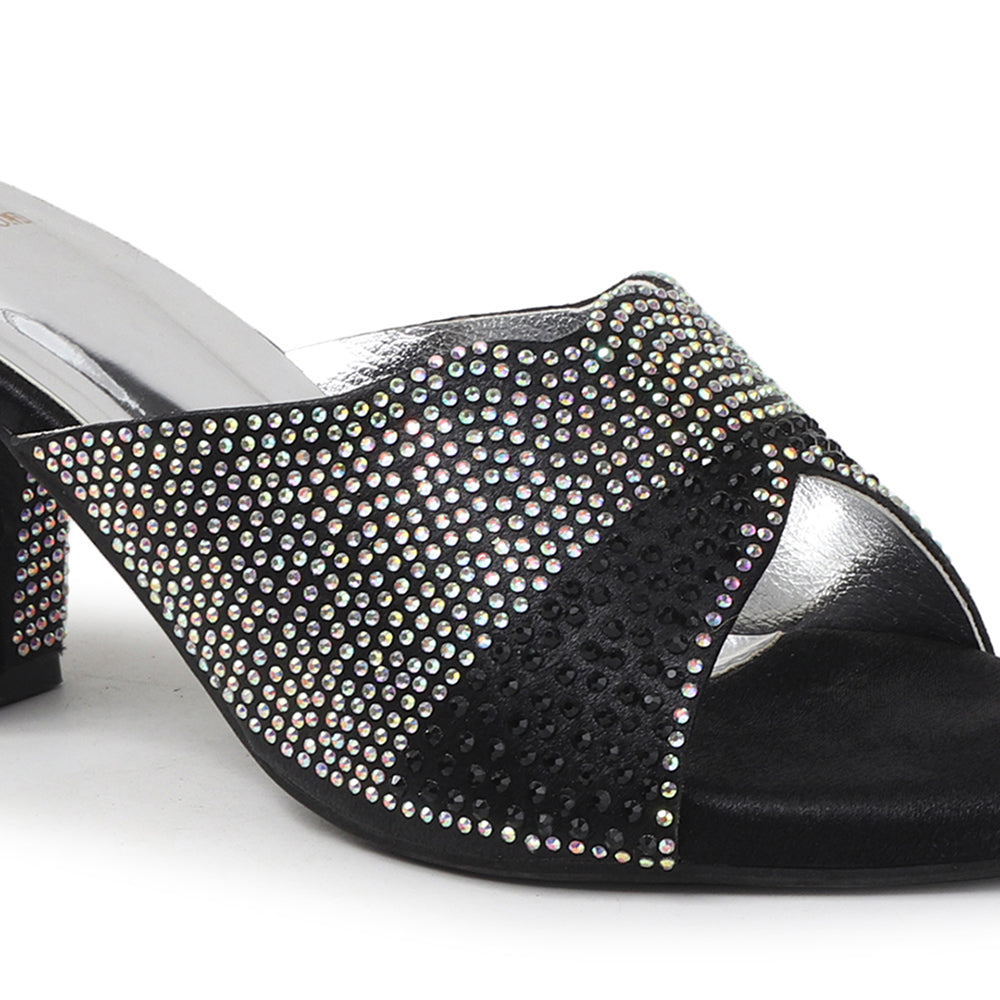 Women Lridescent Gem Embellished Block Heel Sandals