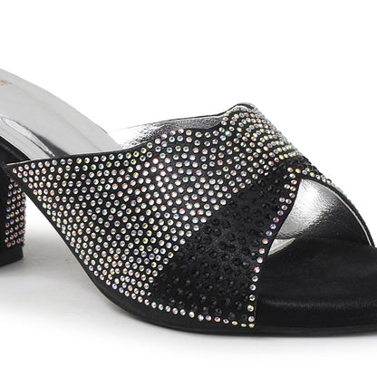 Women Lridescent Gem Embellished Block Heel Sandals