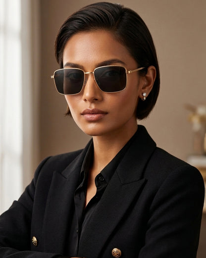 Unisex Gold and Black Toned Black Polarised Lens Rectangle Sunglasses
