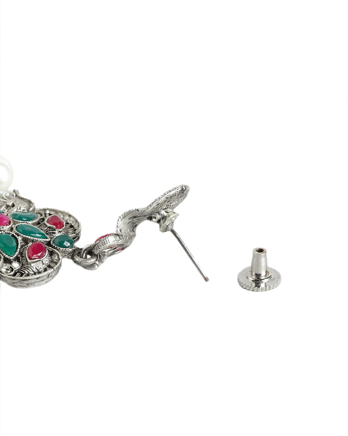 Silver Plated Oxidised Pearl &amp; Red Green Stone Studded Jewellery Set