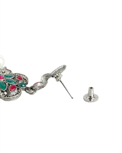 Silver Plated Oxidised Pearl &amp; Red Green Stone Studded Jewellery Set