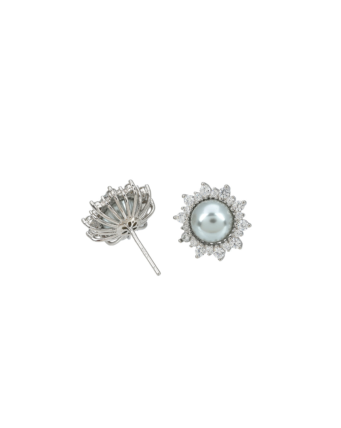 Silver Plated CZ Studded Pearl Halo Floral Stud Earring