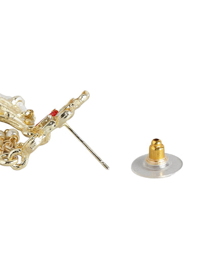 Gold Plated Mirror-Detail Layered Chandbali Earrings with Red Bead Drops