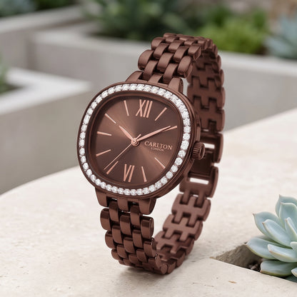 Carlton London Maisie Women’s Watch - Brown Rectangle Dial, Brown Stainless Steel Strap - MSSBBRN