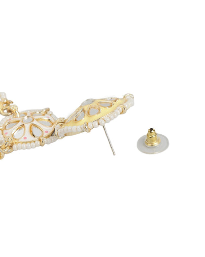 Gold Plated Mirror Studded Enamel &amp; Pearl Chandbali Earrings
