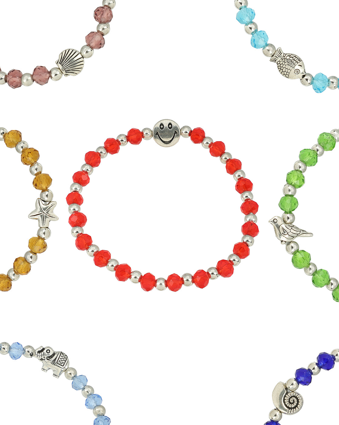 Set of 9 Coloured Bead &amp; Silver Plated Butterfly-Tortoise-Star-Elephant-Smiley-Bird-Butterfly Charm Bracelet for Girl