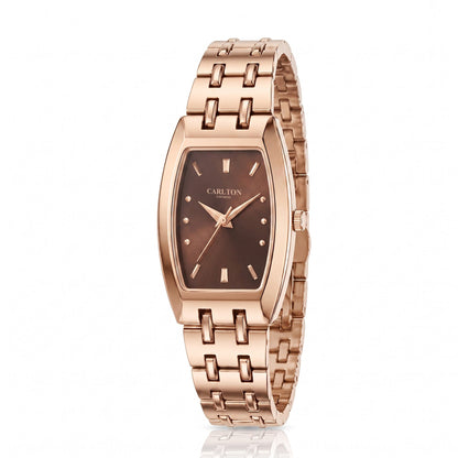 Carlton London Catherine Women’s Watch - Brown Rectangle Dial, Rose Gold Stainless Steel Strap - CL-CT-RBRN