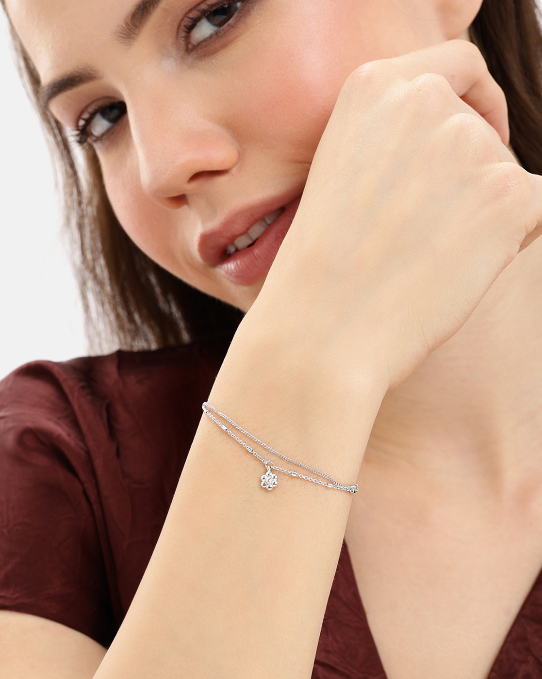 925 Sterling Silver Rhodium Plated Double Layered Floral Charm Bracelet
