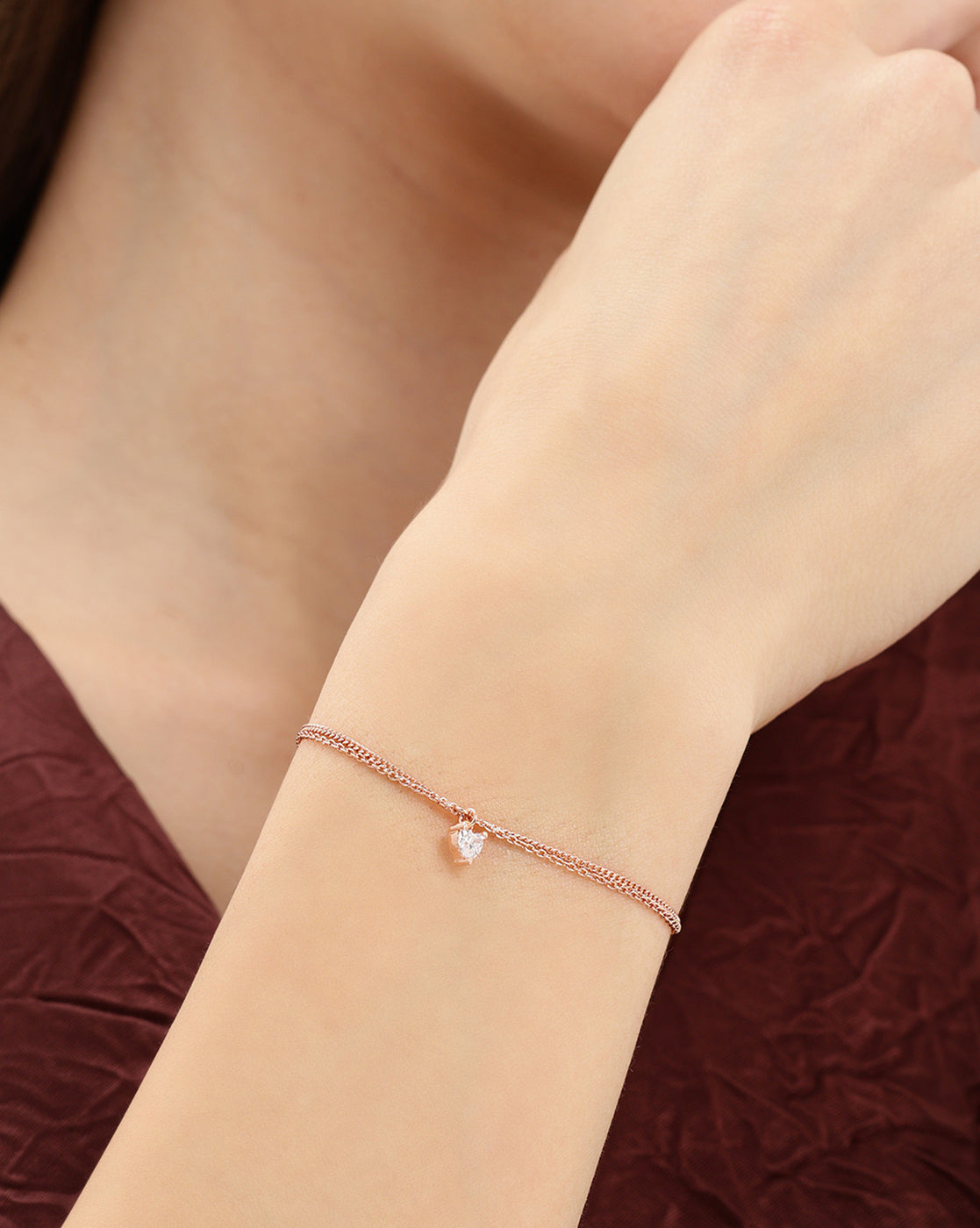 925 Sterling Silver 18kt Rose Gold Plated Double Layered CZ Heart Charm Bracelet