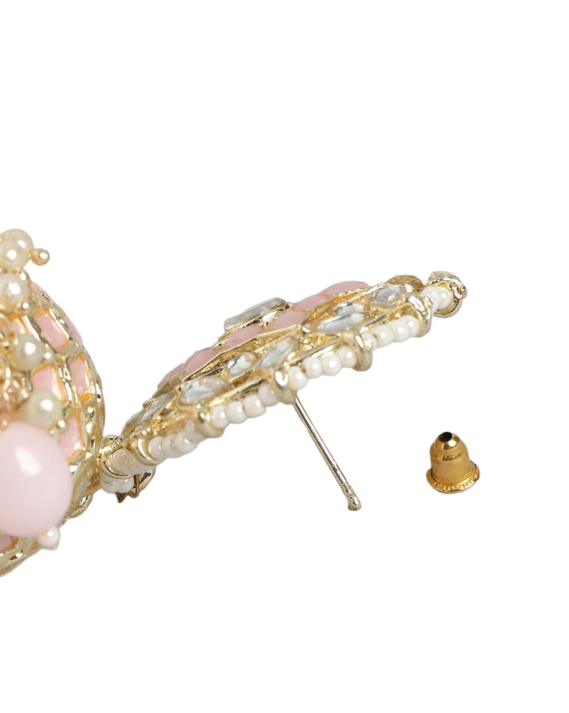 Gold Plated Kundan Studded Dome Jhumka Earring with Pink Bead Drops