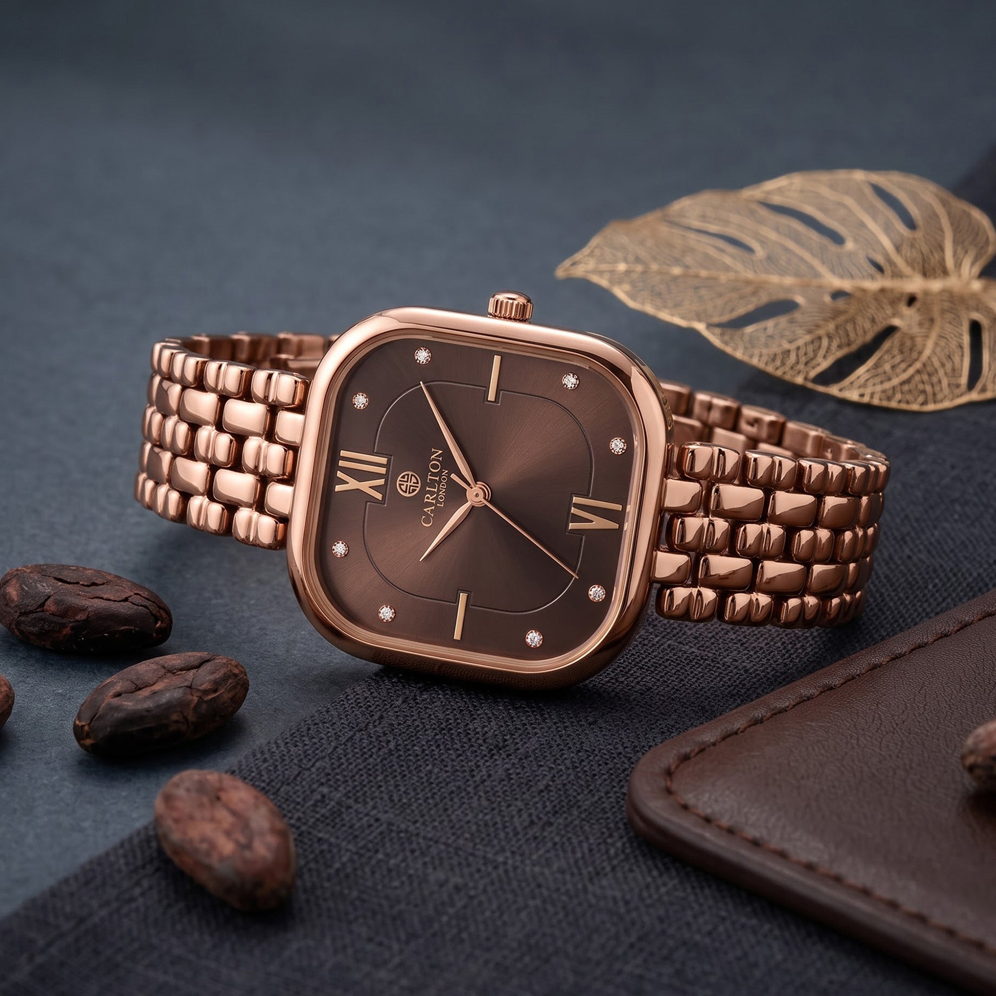 Carlton London Chelsea Women’s Watch – Brown Square Dial, Rose Gold Stainless Steel Strap – CLSSBRWN