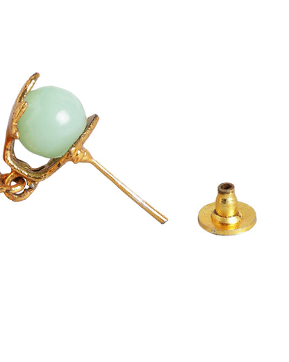 Gold Plated Enamel Green Stone &amp; Pearl Tassel Drop Earring