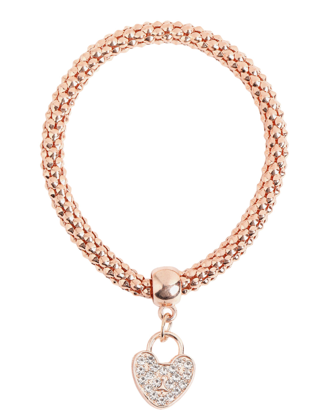 Tri-Tone Multi-Strand CZ Studded Heart Charm with Popcorn Chain Stretchable Bracelets