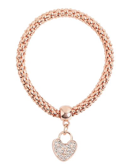 Tri-Tone Multi-Strand CZ Studded Heart Charm with Popcorn Chain Stretchable Bracelets