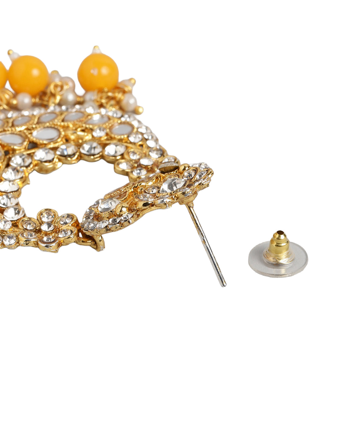 Gold Plated Mirror-Detail Chandbali Earrings with Yellow Bead Drops