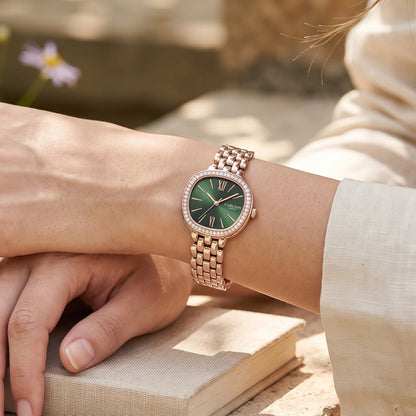 Carlton London Maisie Women’s Watch - Green Rectangle Dial, Rose Gold Stainless Steel Strap - MSRSGRN