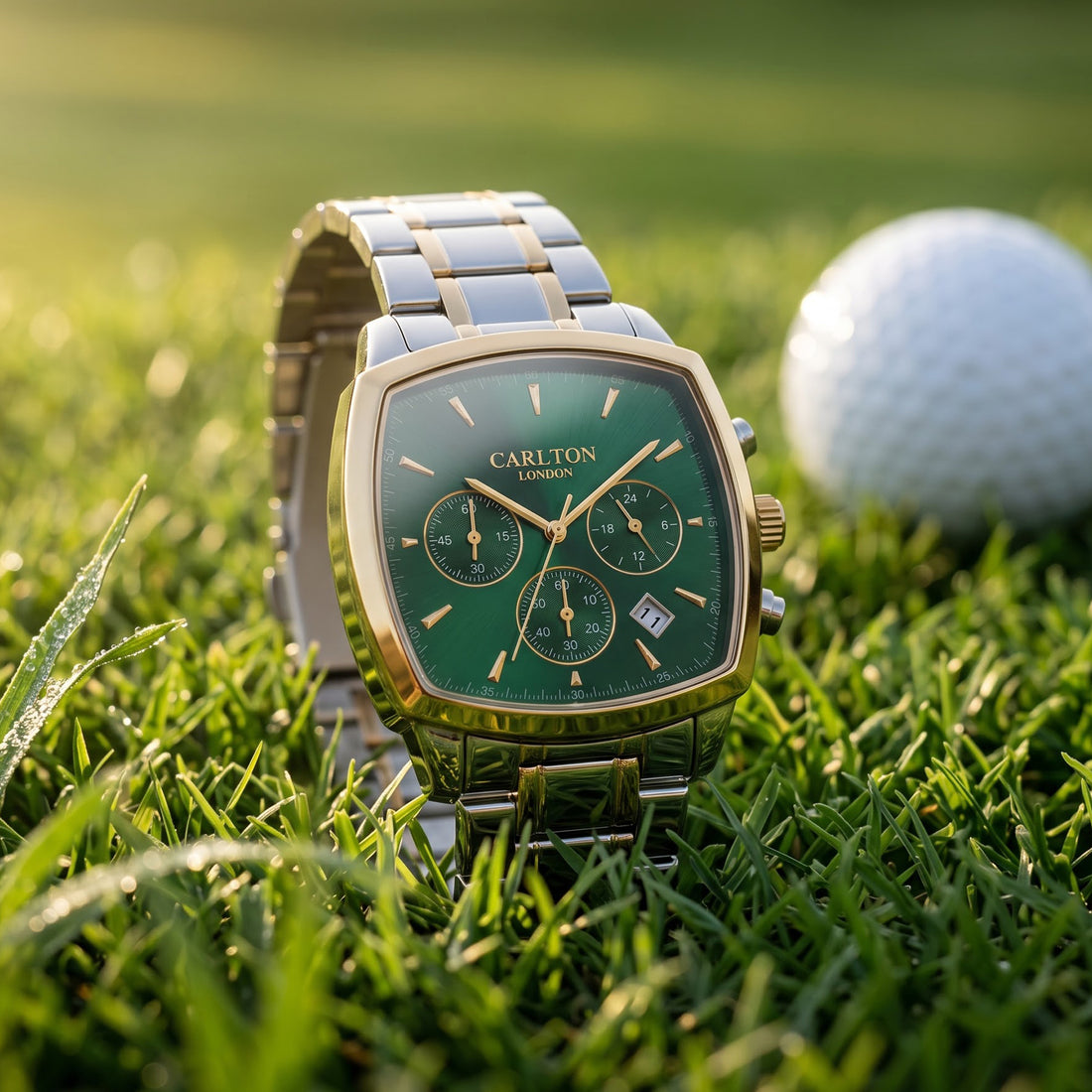 Carlton London Sterling Men’s Watch - Green Square Dial, Dual Tone Stainless Steel Strap - CLSTDGRN