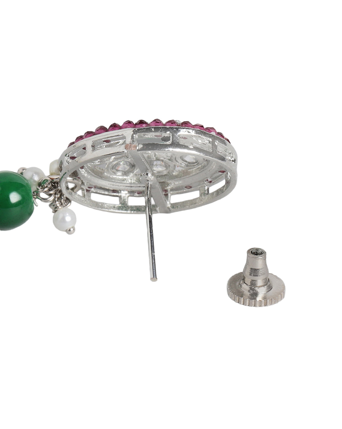 Silver Plated Emerald Green &amp; Ruby Pink Stone Maang Tikaa and Earring Set